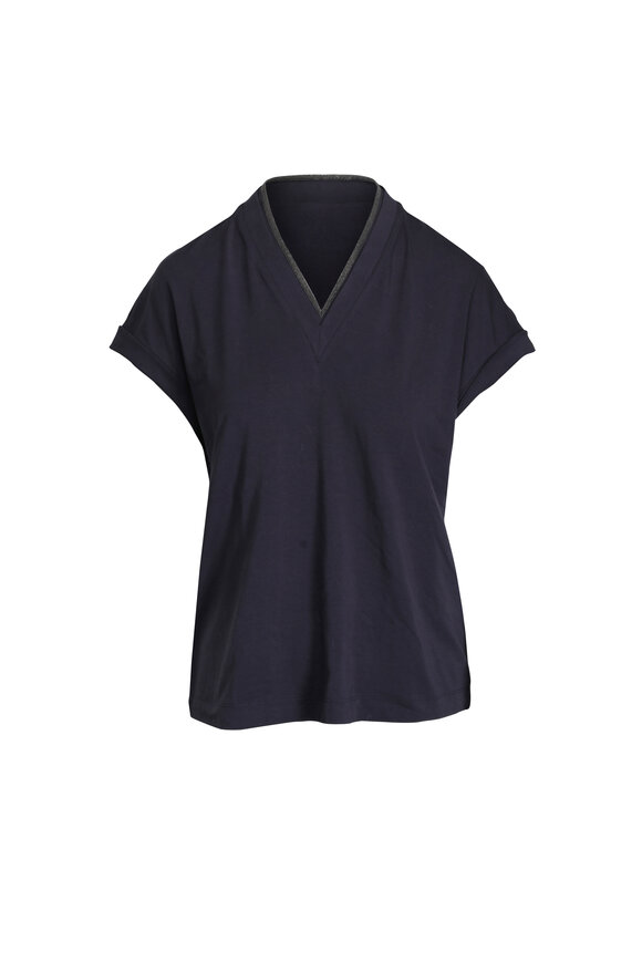 Brunello Cucinelli Navy Monili Trim V-Neck Top - view 1