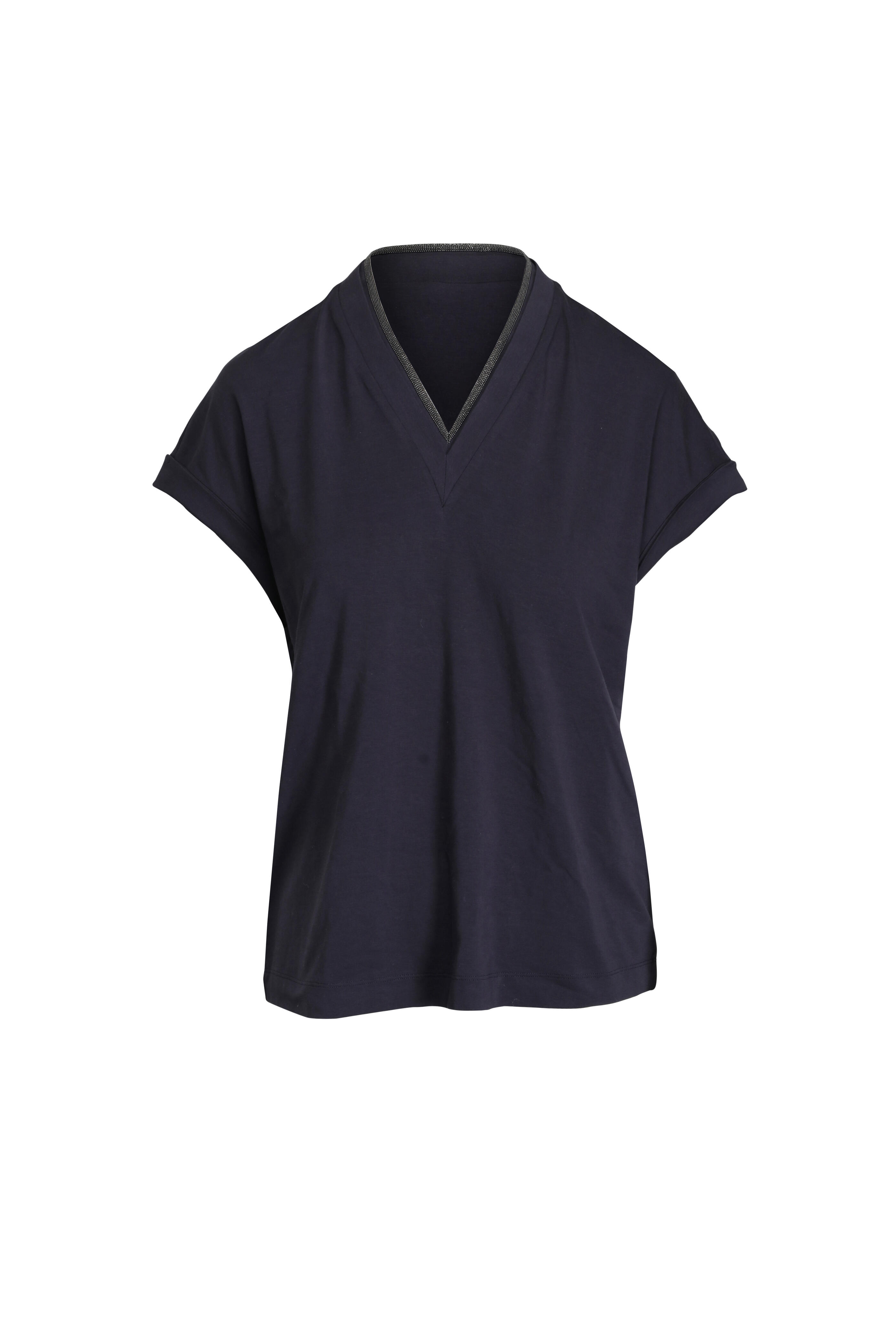 Brunello Cucinelli - Navy Monili Trim V-Neck Top - view 1