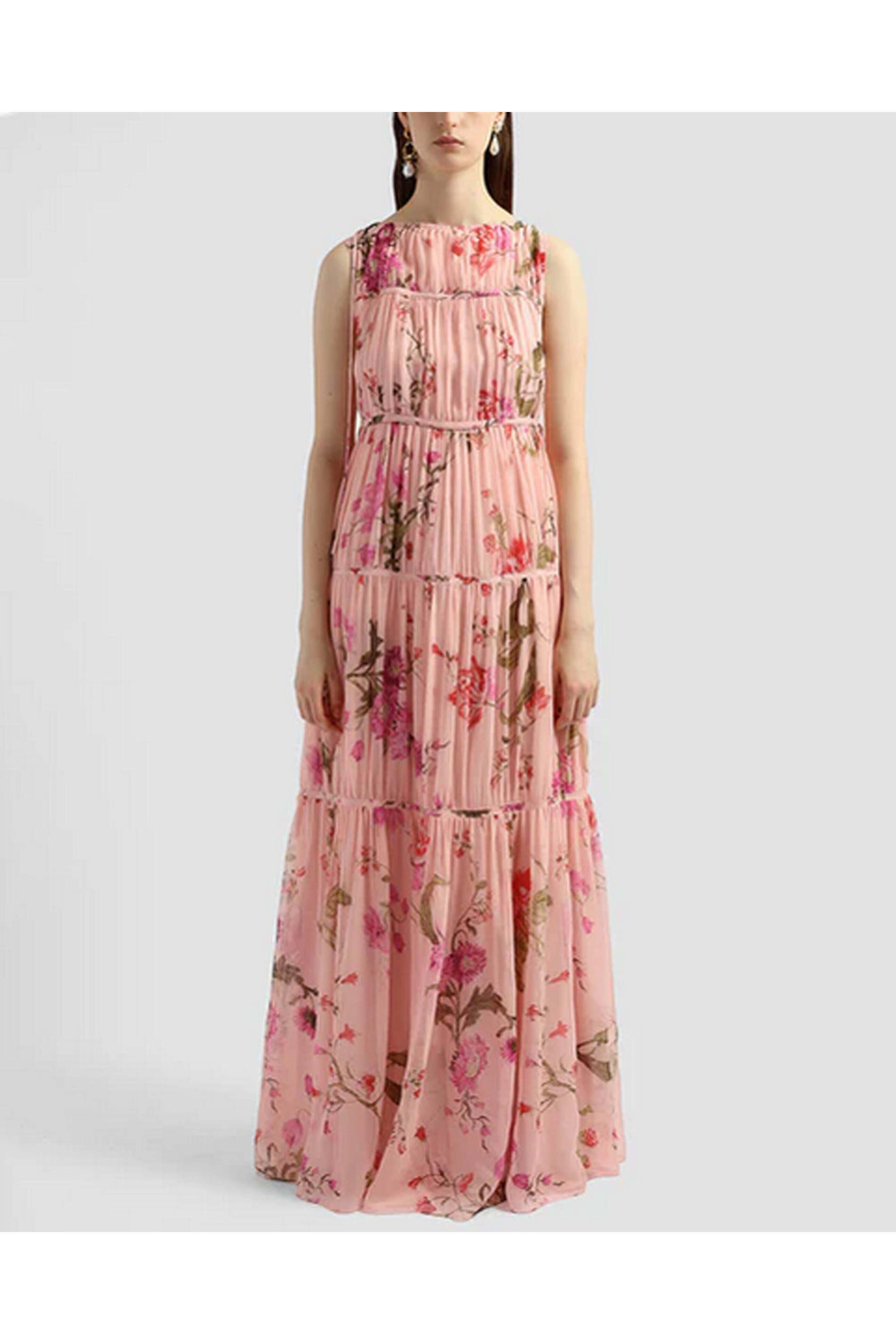 Erdem - Ballet Pink Sleeveless Tiered Tie Gown