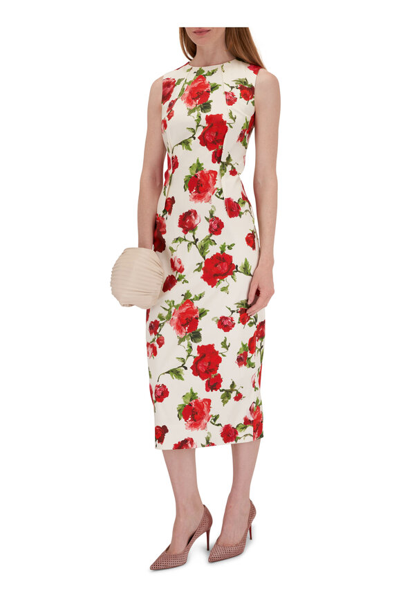 Carolina Herrera - Floral Pearl Multi Sleeveless Column Midi Dress 