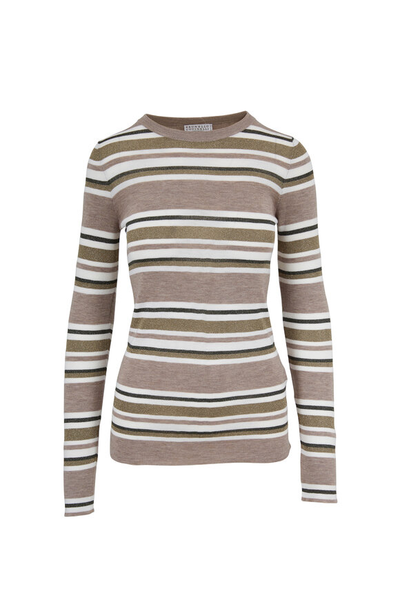 Brunello Cucinelli - Sand Wool & Lurex Striped Long Sleeve T-Shirt