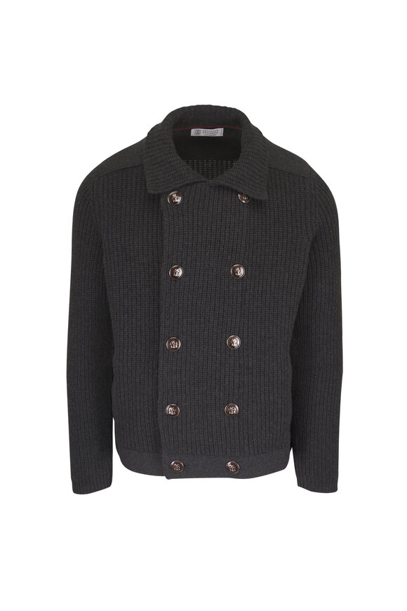 Brunello Cucinelli Charcoal Gray Cashmere Double Breasted Cardigan - view 1