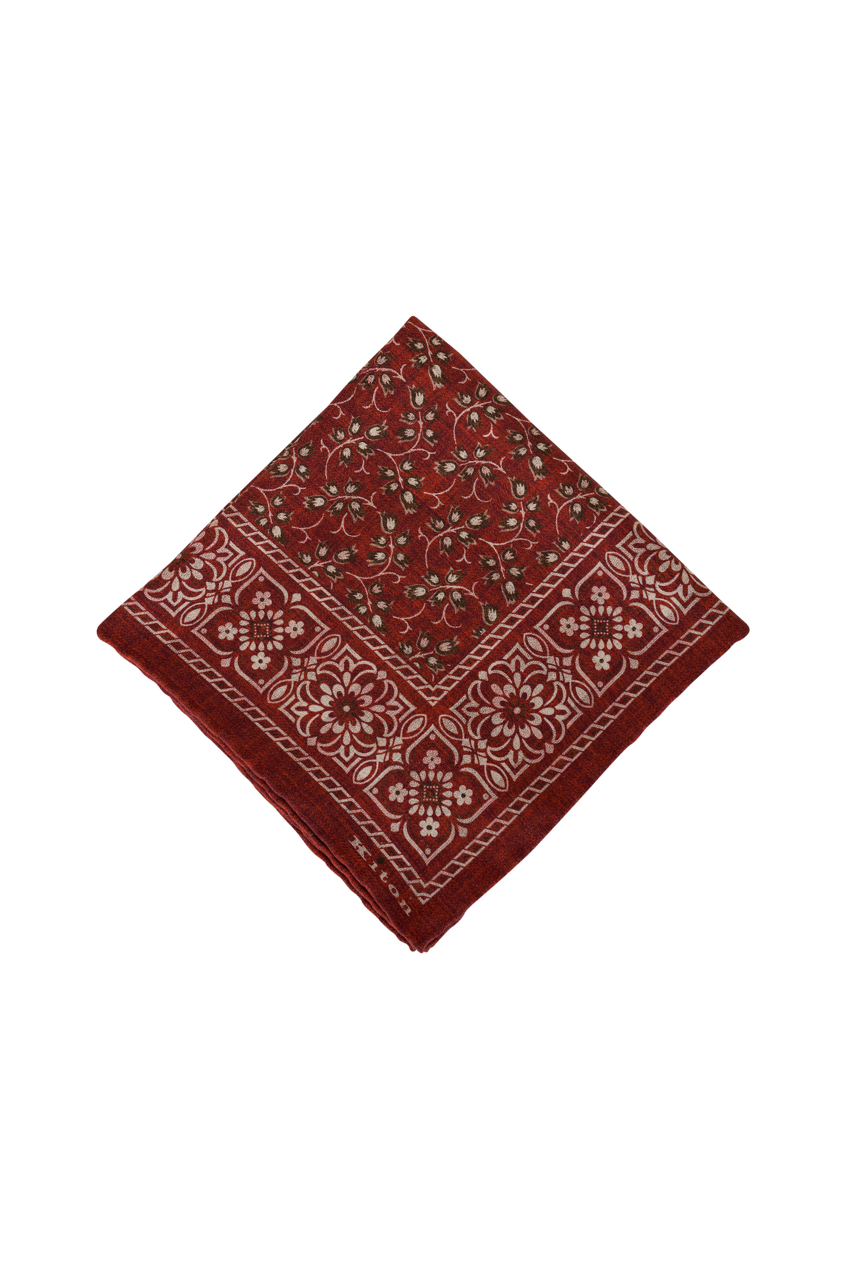 Kiton - Red Floral & Plaid Reversible Silk Pocket Square