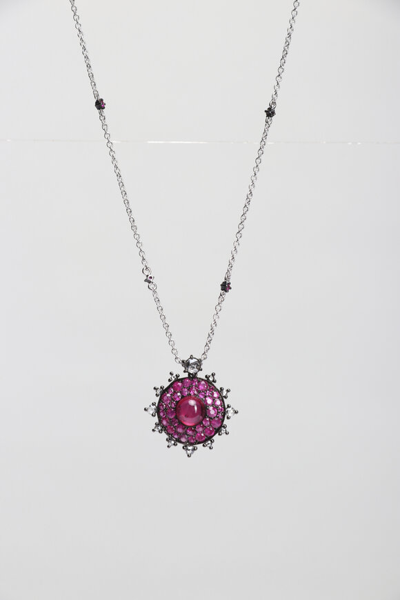 Nam Cho 18k White Gold Diamond Ruby Small Pendant Necklace