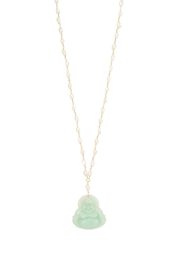 Renee Lewis 18k Yellow Gold Antique Pearl Jade Buddha Necklace - view 1