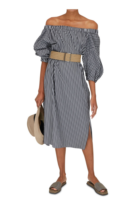 Brunello Cucinelli - White & Blue Stripe Off-The-Shoulder Belted Dress