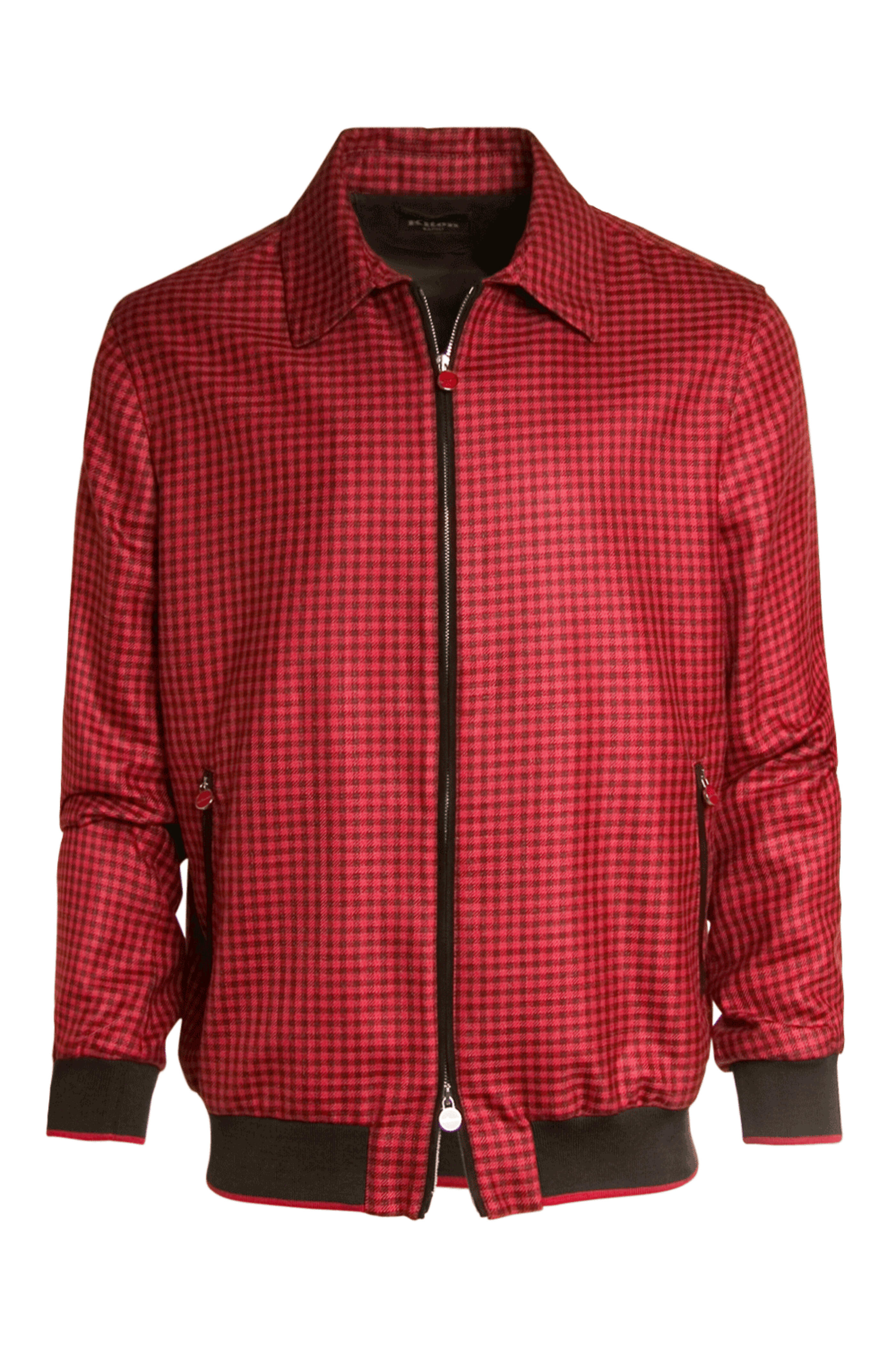 Kiton - Red Burgundy Check Bomber Jacket with Suede Trim
