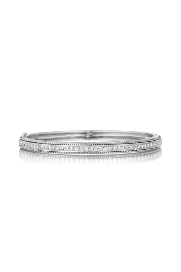 Penny Preville - White Gold Engraved Pace Hinged Bangle, Medium