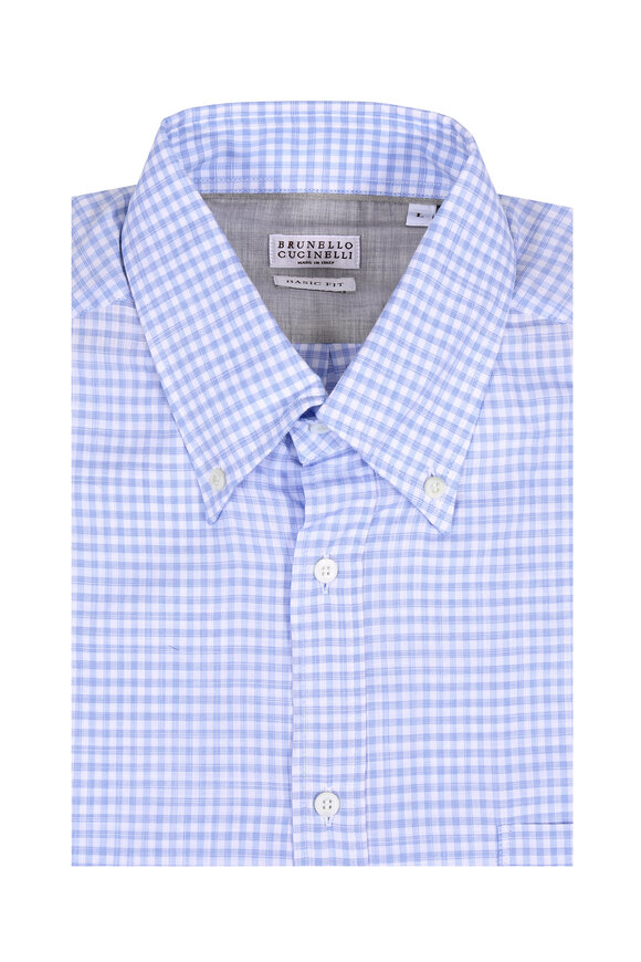 Brunello Cucinelli - Light Blue Gingham Basic Fit Sport Shirt