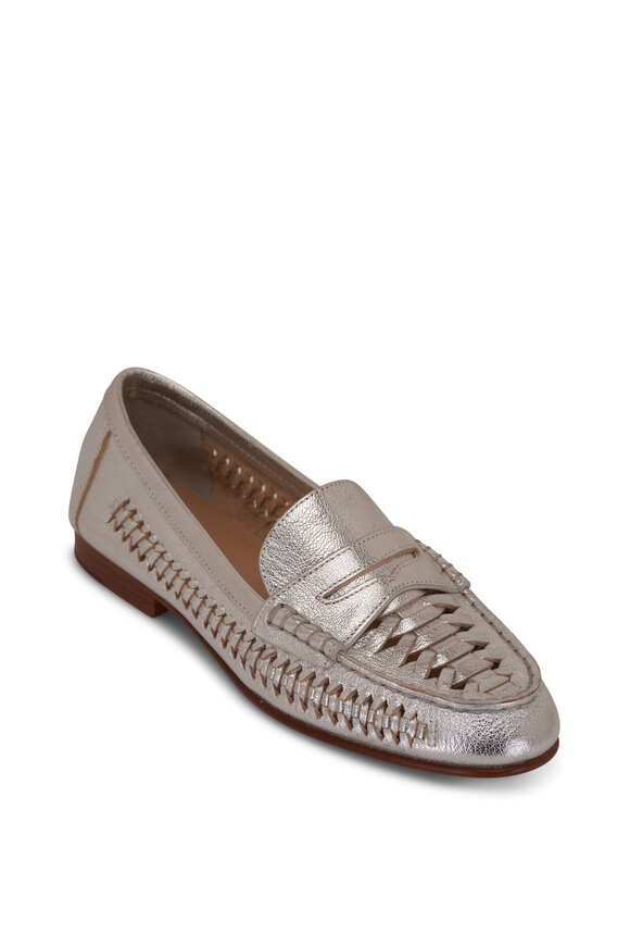 Veronica Beard Penny Metallic Silver Woven Leather Loafer 