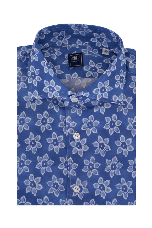 Fedeli - Blue Floral Print Stretch Cotton Sport Shirt 