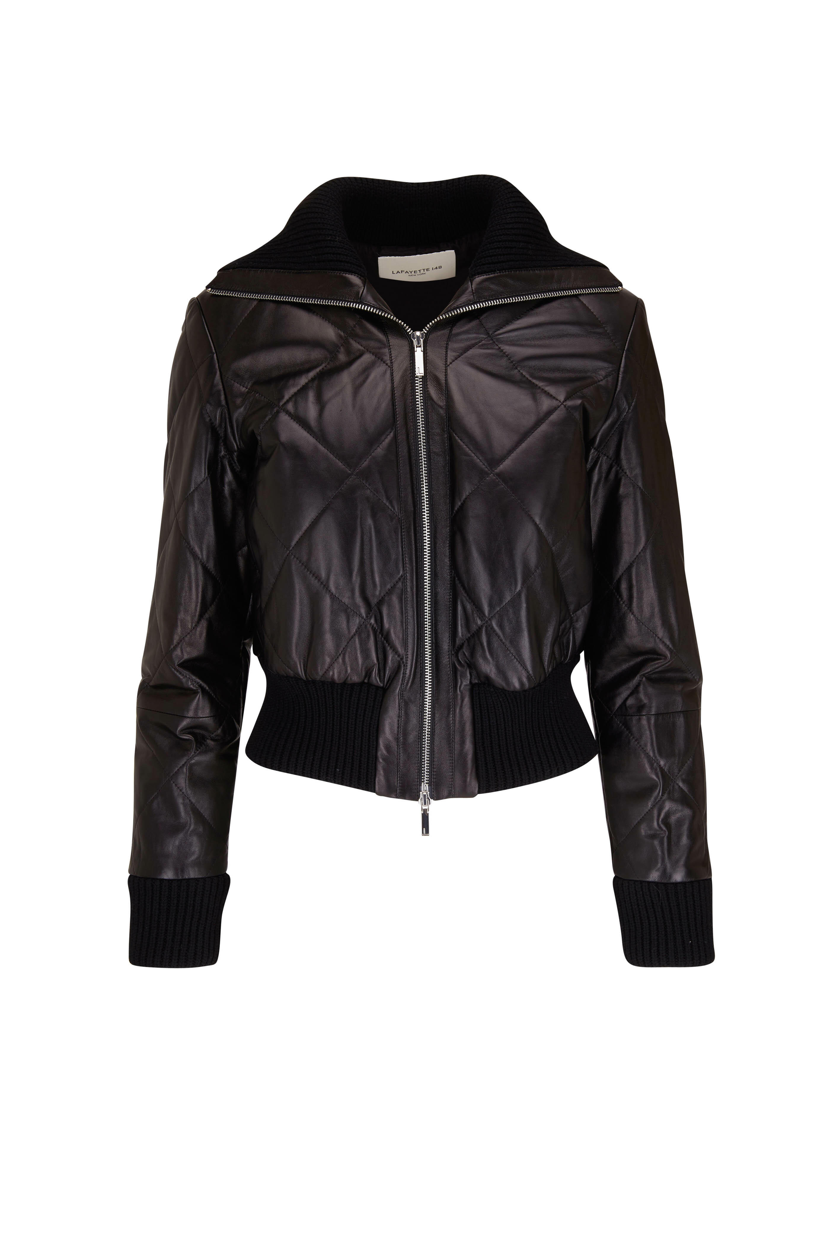 Lafayette 148 New York Black Quilted Leather Down Bomber Jacket