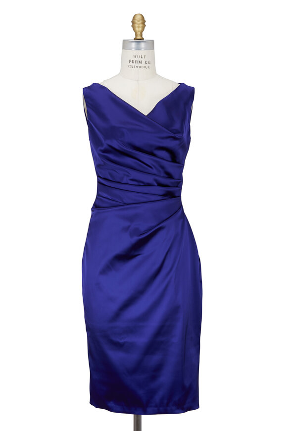 Talbot Runhof - Colbalt Blue Satin Side-Ruched Cocktail Dress