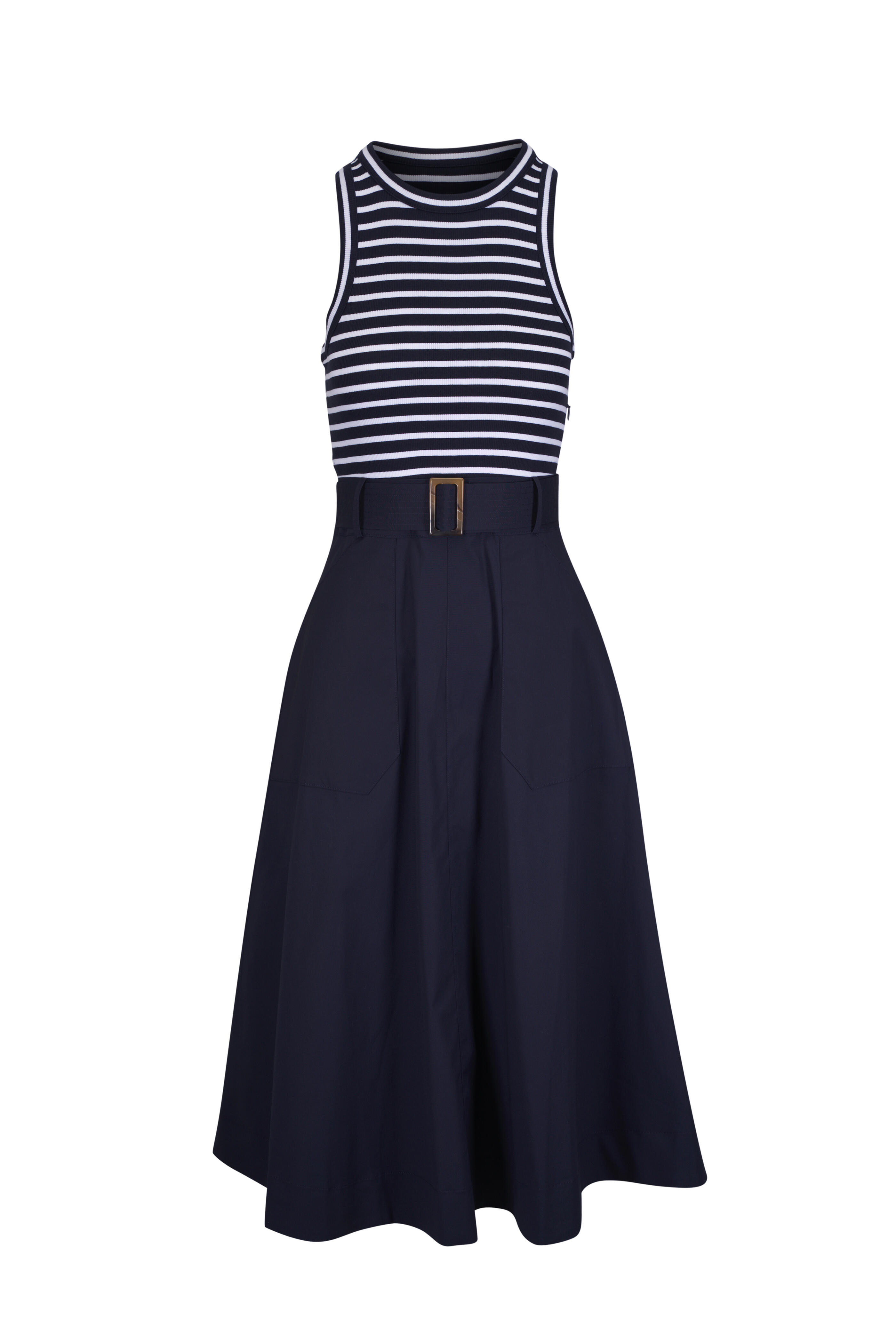 Veronica Beard - Jordyn Blue & White Stripe Mixed Media Midi Dress