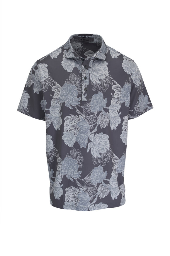 G/Fore Charcoal Stamped Floral Print Tech Polo
