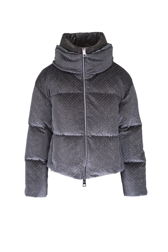 Herno Gray Velvet Sequin Short Puffer Coat