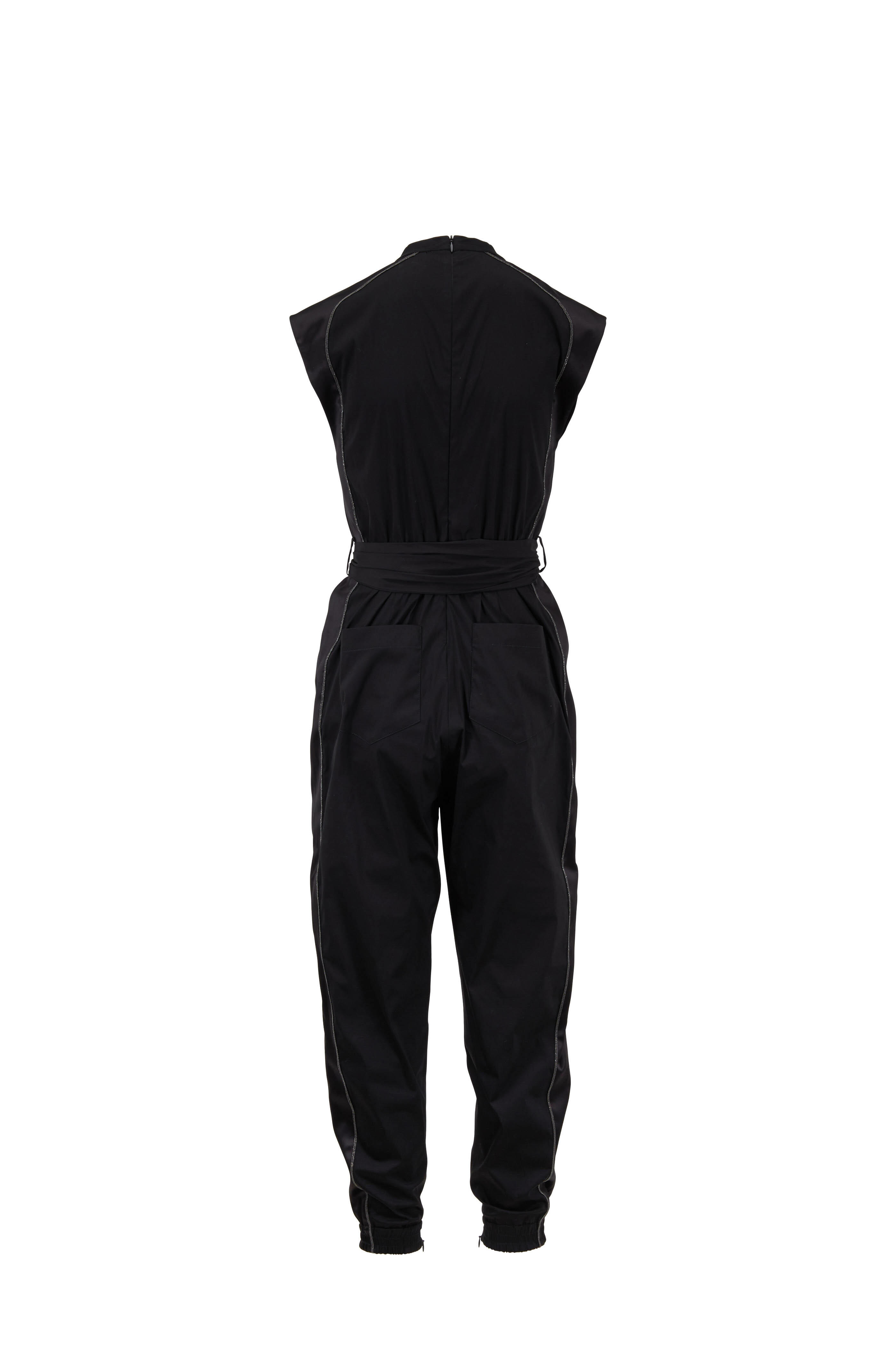 Brunello Cucinelli - Black Cotton & Satin Monili Trim Jumpsuit
