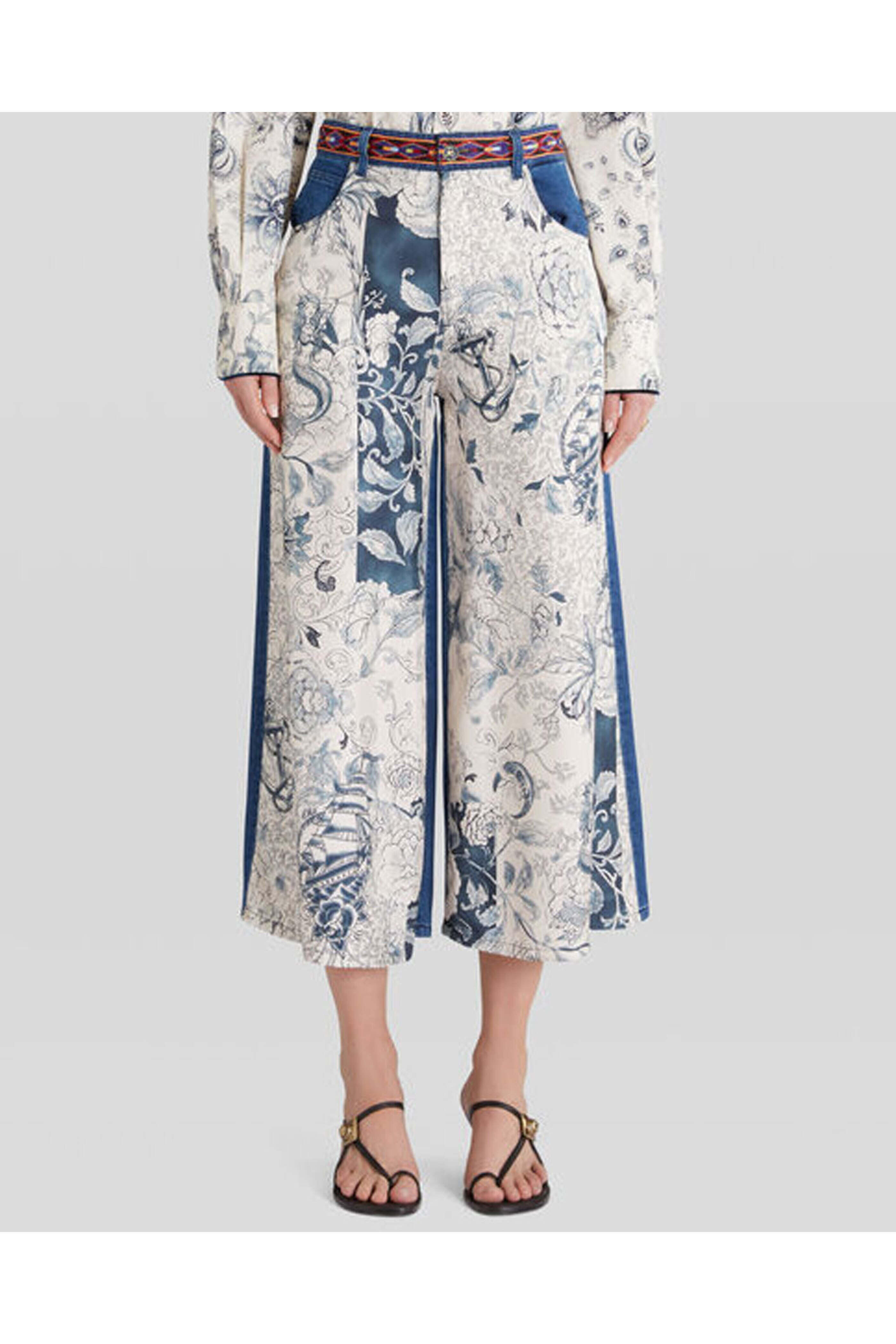 Etro - Wide Leg Crop Silk Panel Jean in Blue Comet