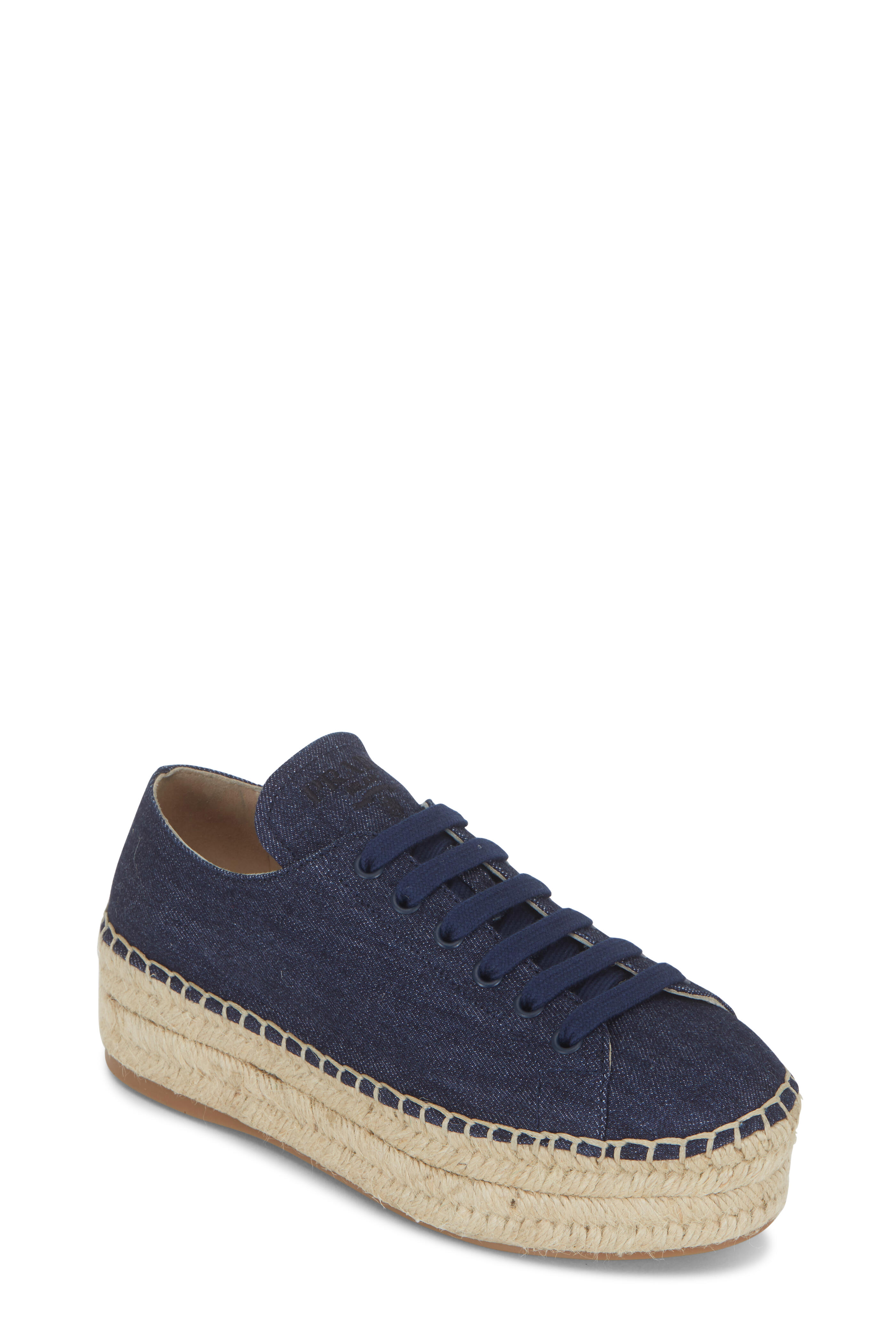 Prada - Blue Denim Espadrille Wedge Sneaker | Mitchell Stores