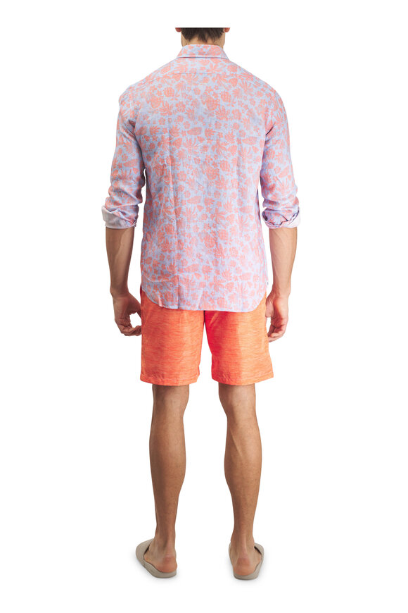 Tiki Blue & Orange Floral Print Linen Sport Shirt - view 3
