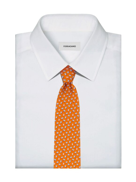 Ferragamo - Orange Bear Print Silk Necktie 