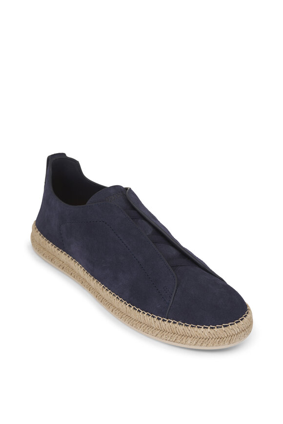Zegna Triple Stitch Navy Blue Suede Espadrille Sneaker