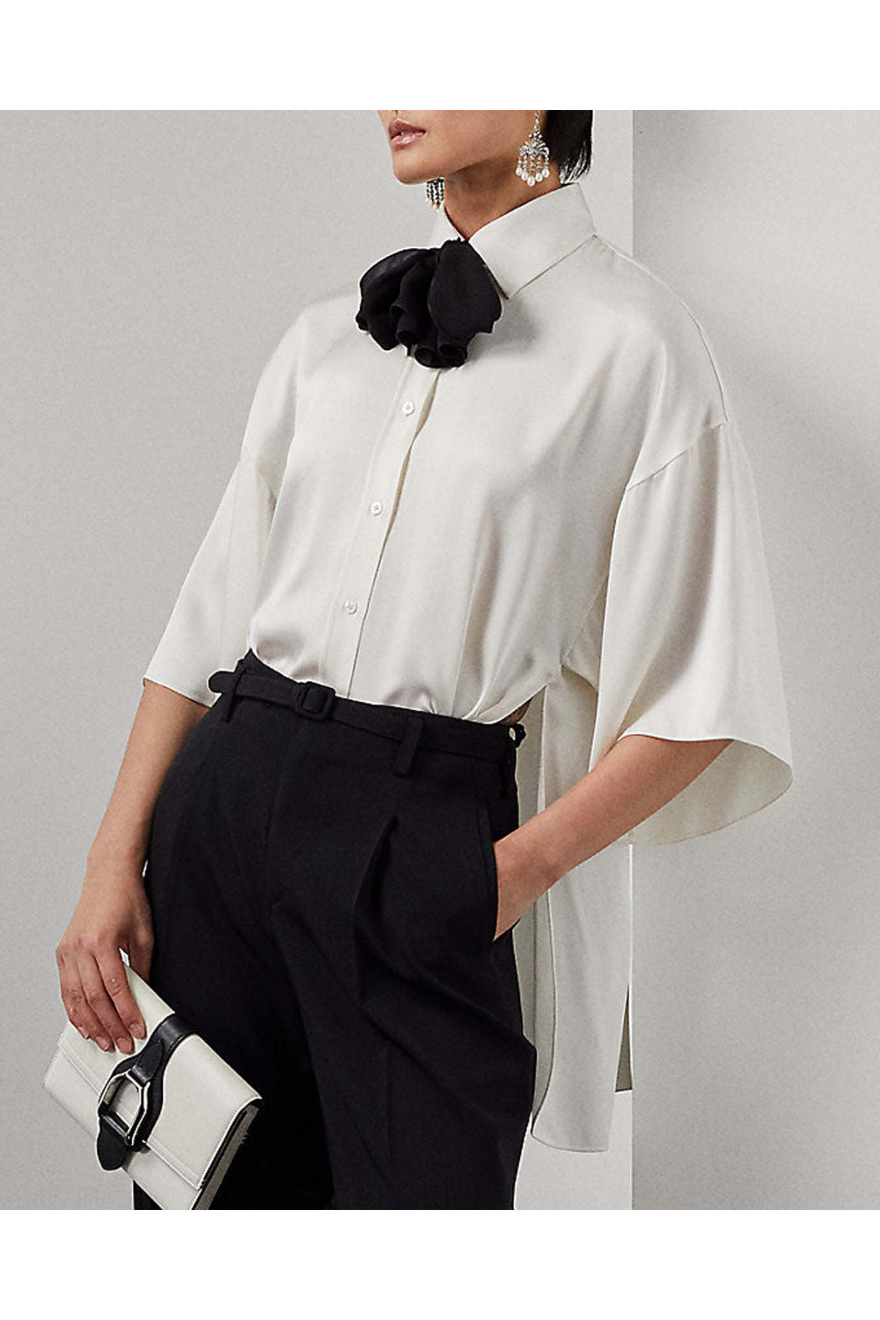 Ralph Lauren - Off White Tie Neck Soloman Marocain Blouse