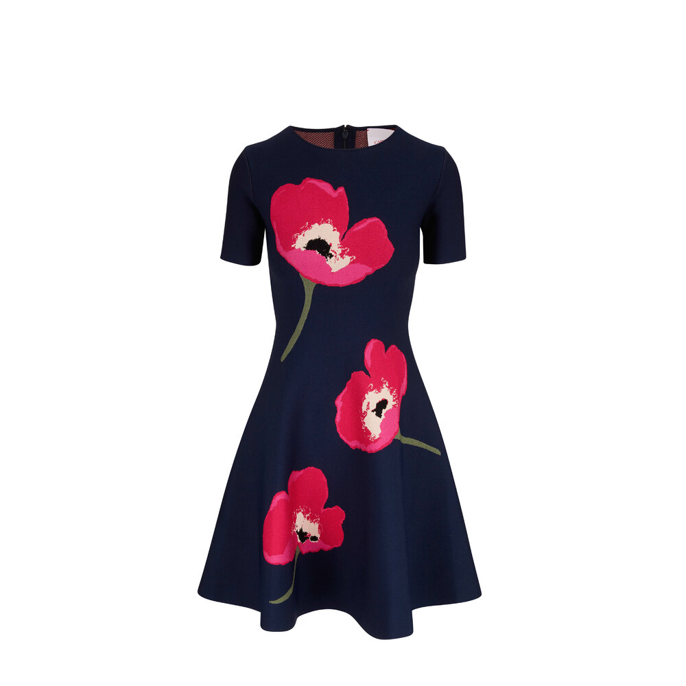新品 herlipto Coutume Plaid Flare Dress Carolina Herrera - Midnight Blue Poppy Jacquard Fit & Flare