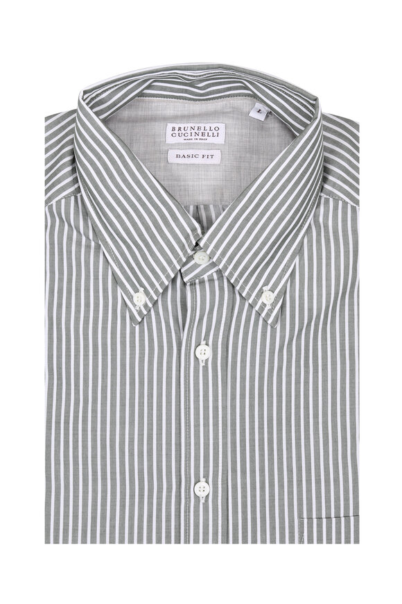 Brunello Cucinelli - Olive Striped Basic Fit Sport Shirt
