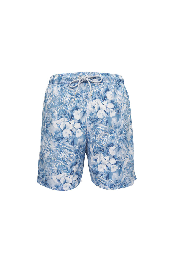 Paul & Shark Light Blue Floral Print Swim Trunks