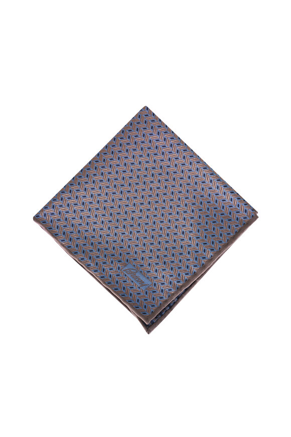 Brioni Sky Blue & Camel Geo Print Silk Pocket Square