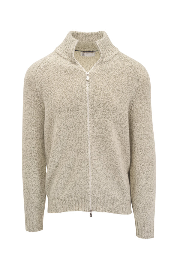 Brunello Cucinelli Sage Mouline Cashmere Zip Cardigan