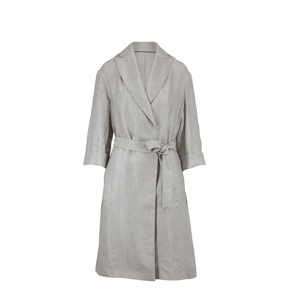 Brunello Cucinelli - Silver Linen Lurex Long Belted Coat