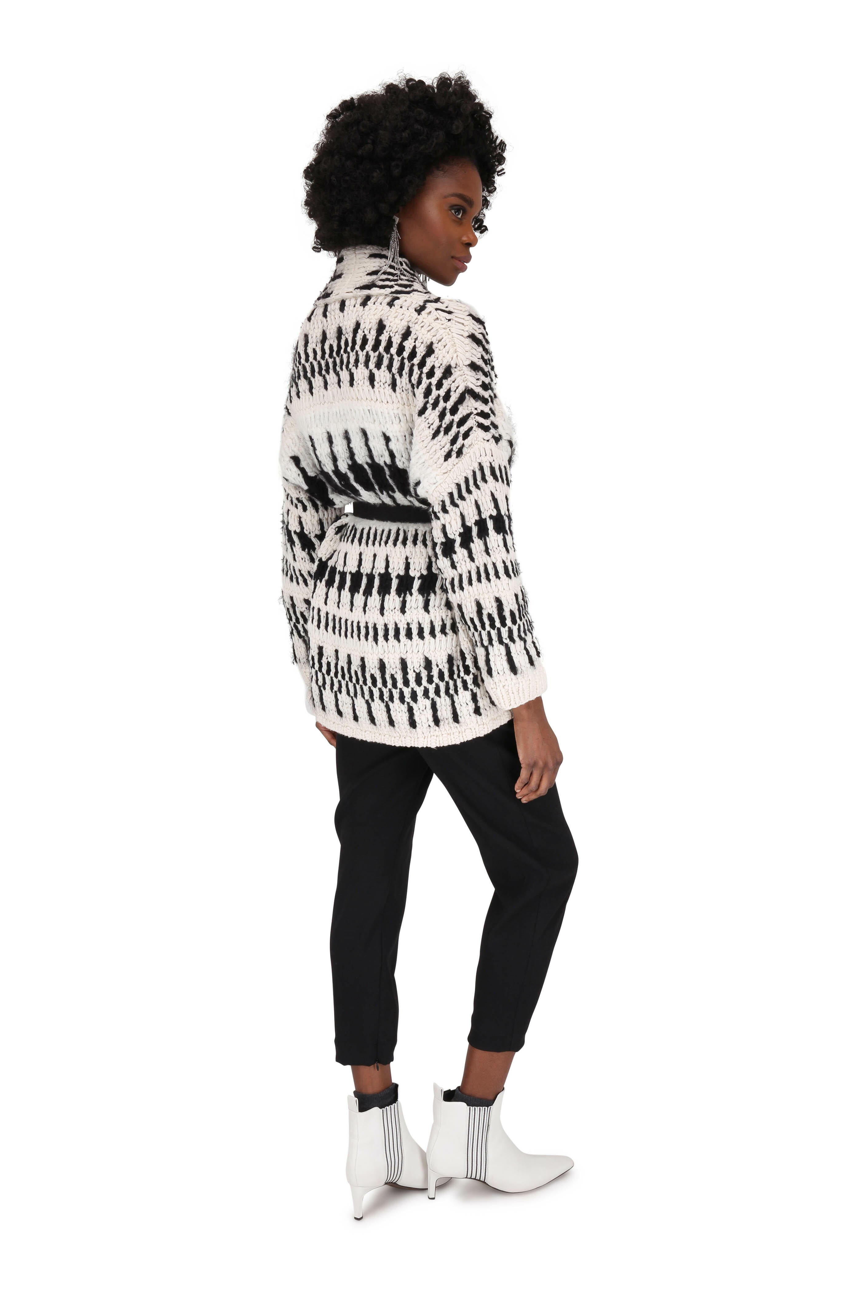 Brunello Cucinelli - Black & White Aztec Cashmere Belted Cardigan