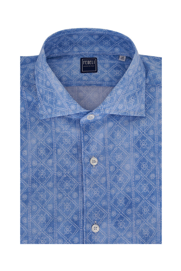 Fedeli Blue Bandana Print Stretch Cotton Sport Shirt 