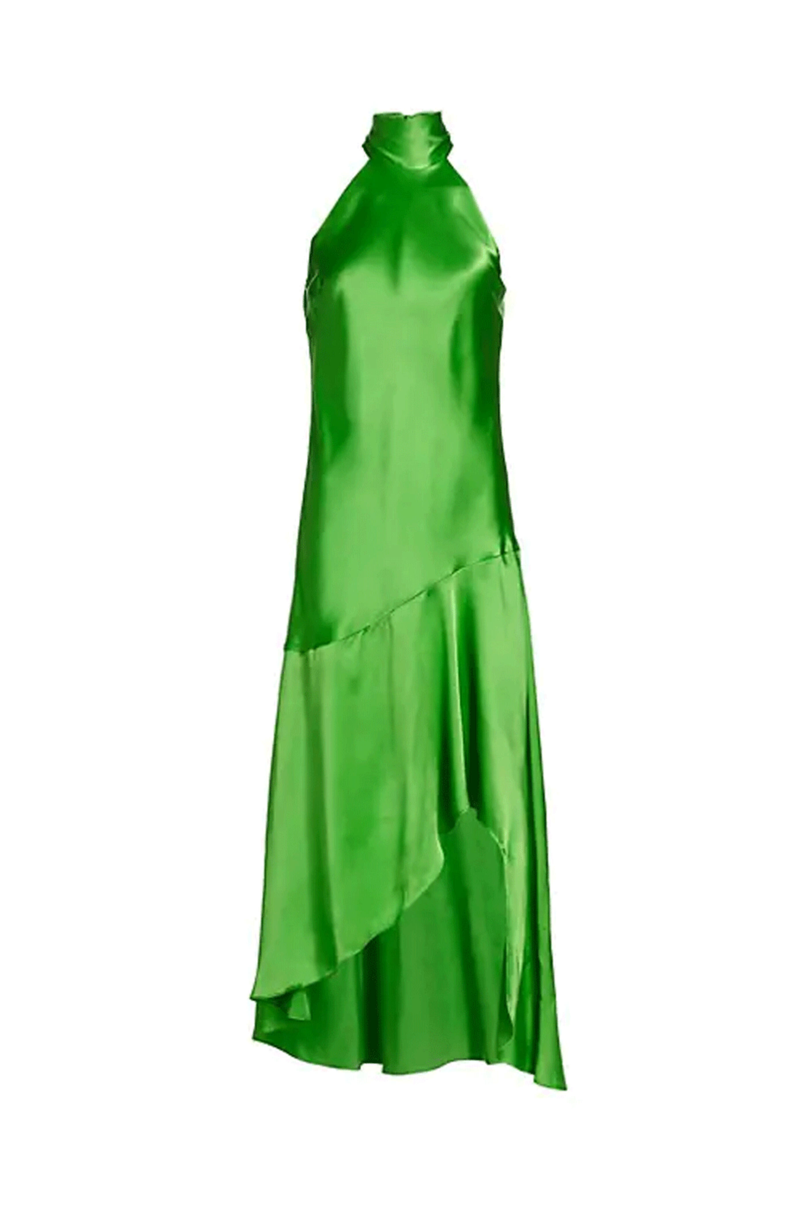 Frame - Bright Peridot Tie Neck Asymmetrical Midi Dress