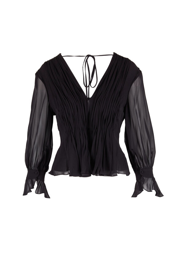 Khaite - Carlin Black Silk Chiffon Pleated Peplum Top