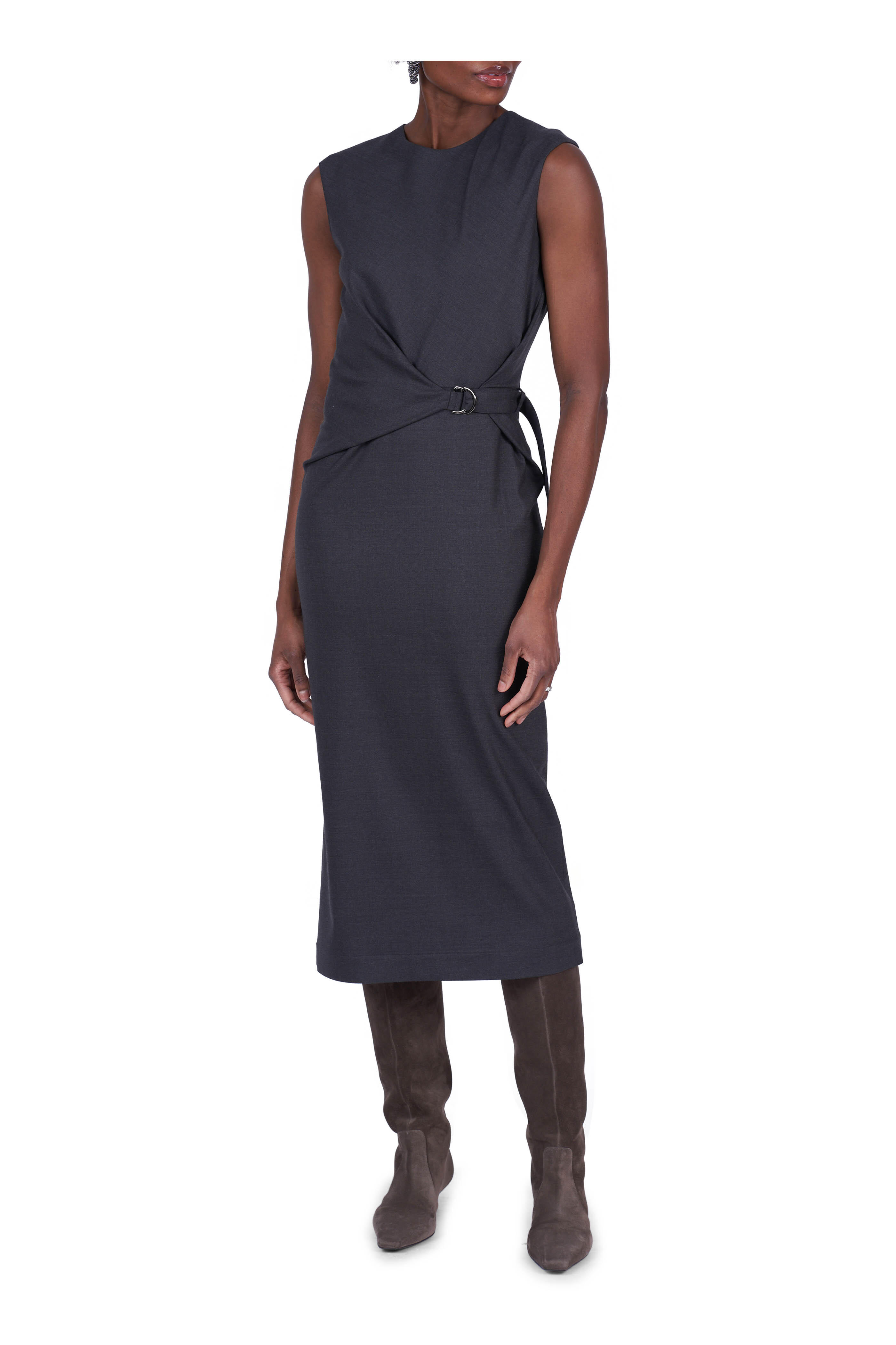 Brunello Cucinelli - Dark Gray Stretch Wool Wrap Midi Dress