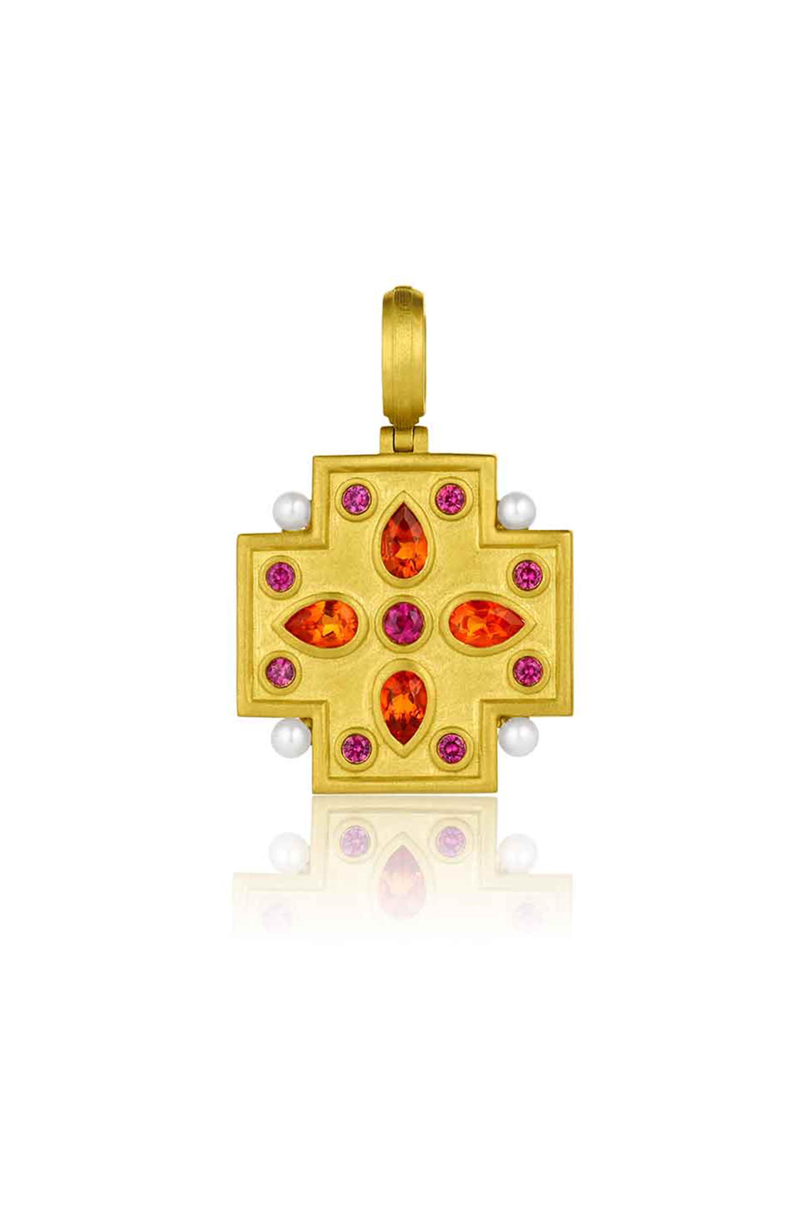 Leigh Maxwell - 18k Yellow Gold Ruby & Opal Cross Pendant - view 1