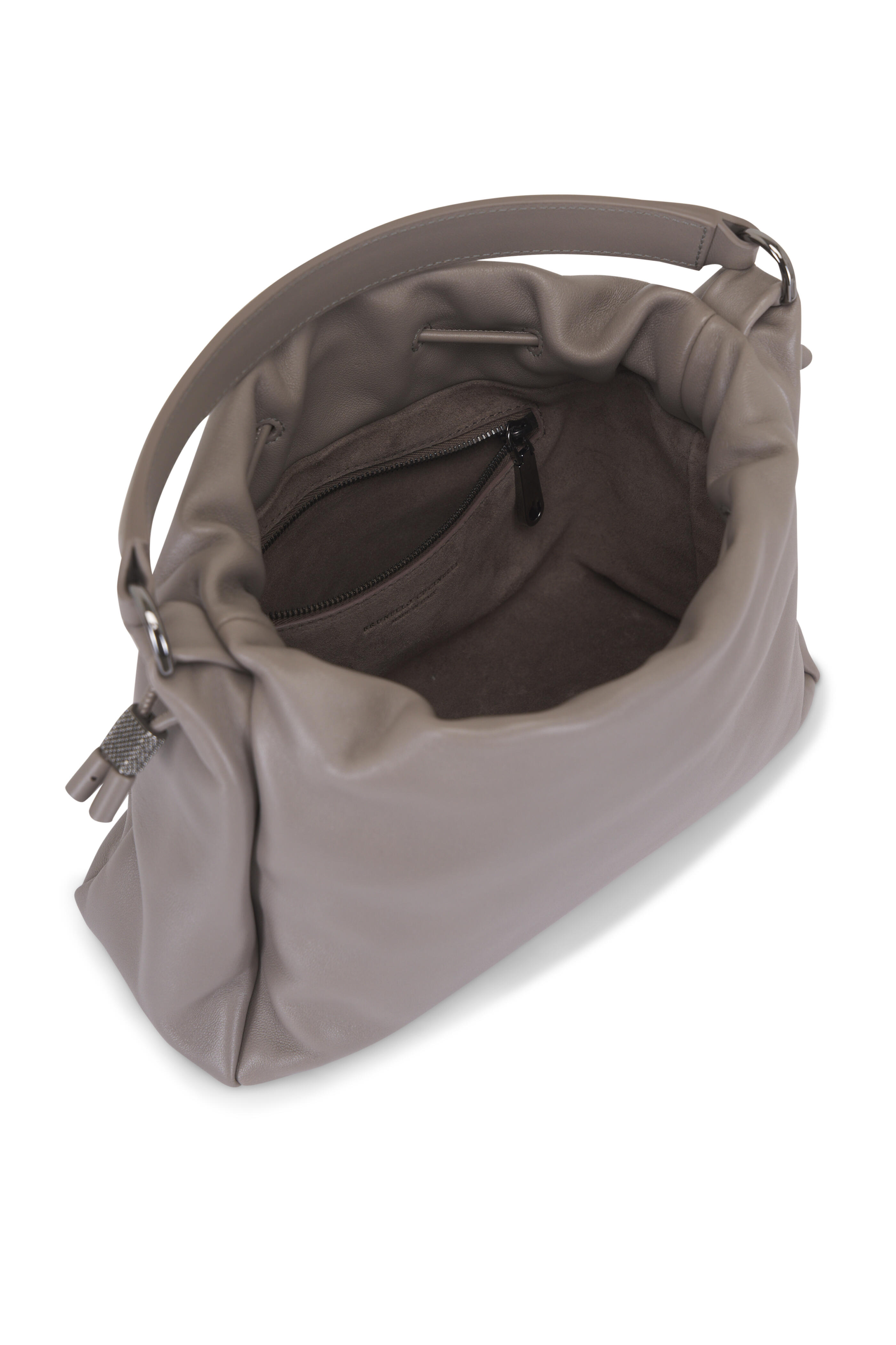 Brunello Cucinelli - Small Mellow Light Gray Leather Bucket Bag