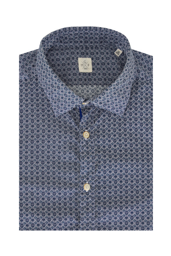 GMF Navy & White Medallion Print Cotton Sport Shirt