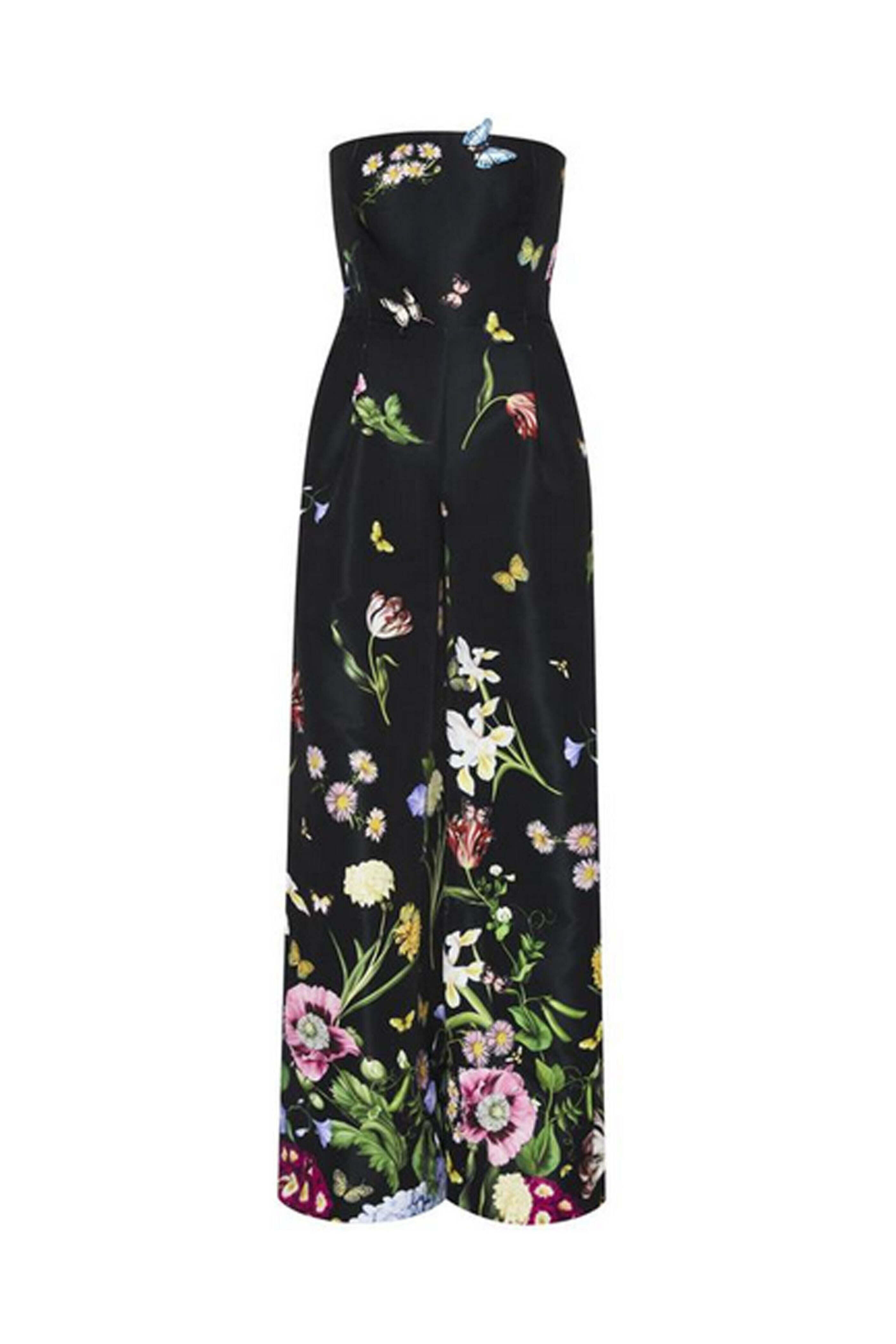 Oscar de la Renta - Navy Floral Strapless Faille Jumpsuit