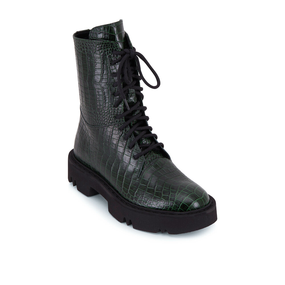 Aquatalia Hana Green Croc Embossed Leather Combat Boot