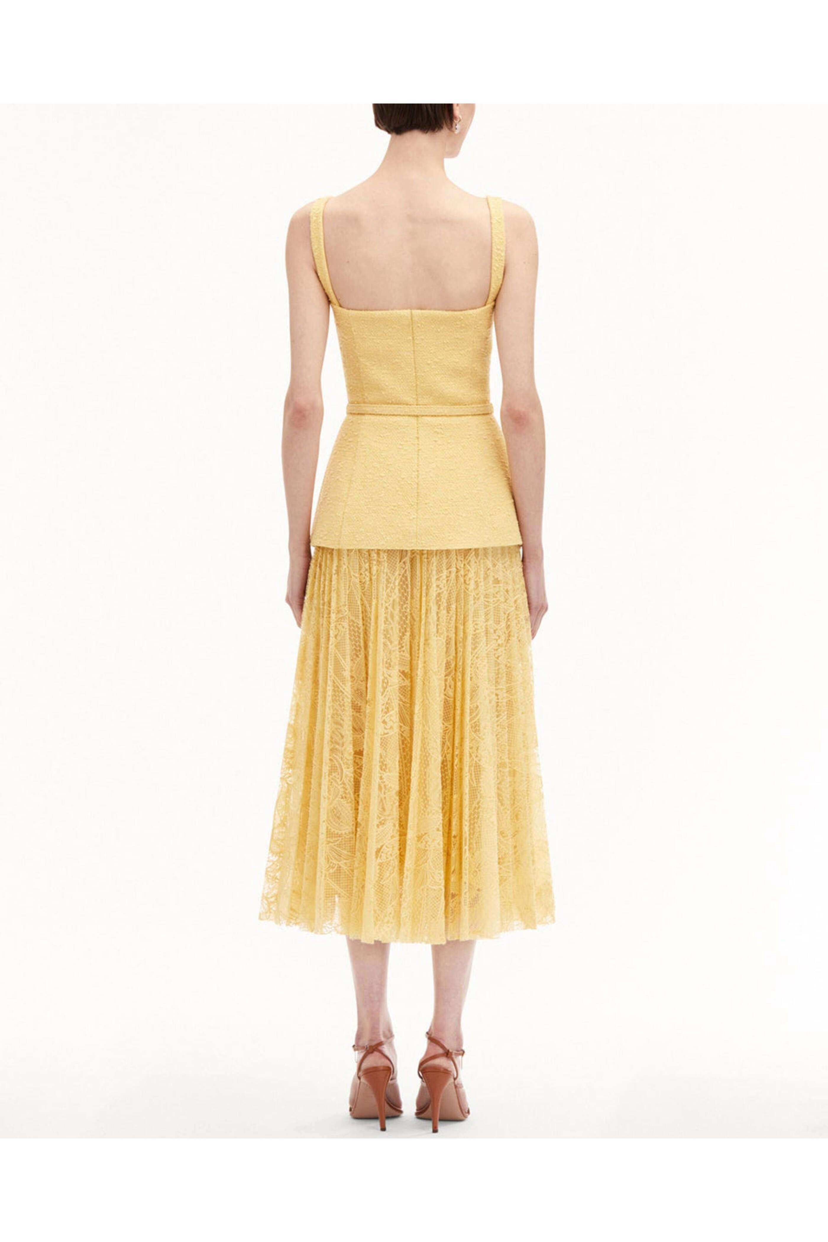 Oscar de la Renta - Banana Tweed and Lace Square Neck Midi Dress Oscar de la Renta - Banana Tweed and Lace Square Neck Midi Dress