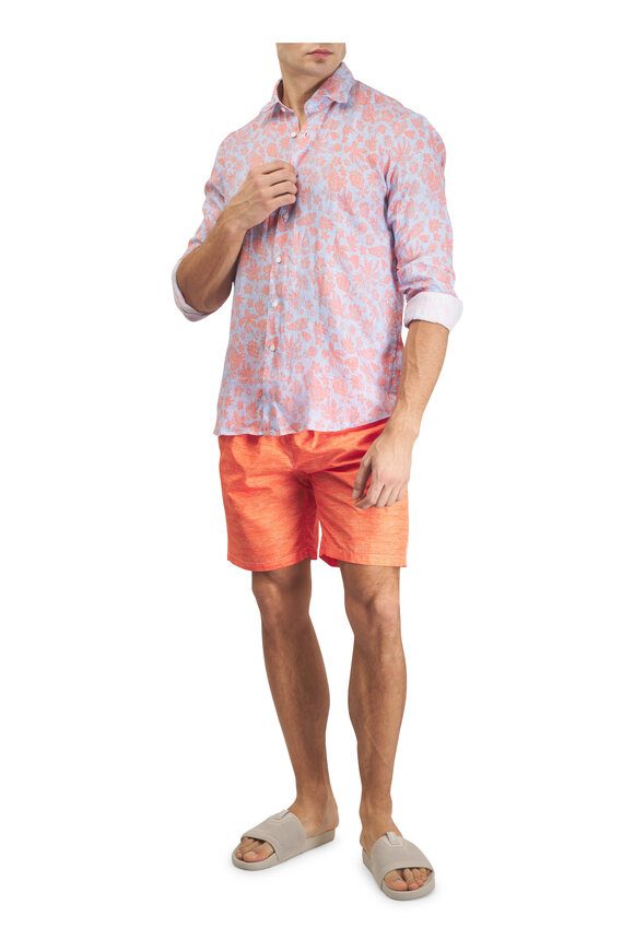 Tiki Blue & Orange Floral Print Linen Sport Shirt - view 2