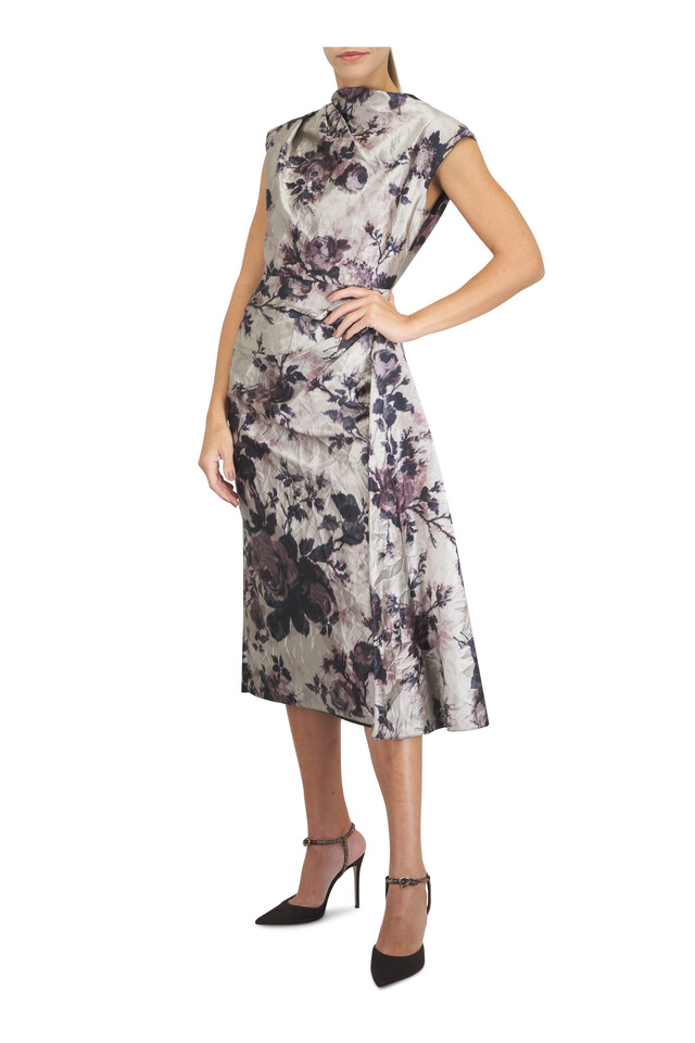 Designer outfit featuring Pearl Textured Satin Draped Midi Dress and Mayfair Crystal Suede Pump, 95mm