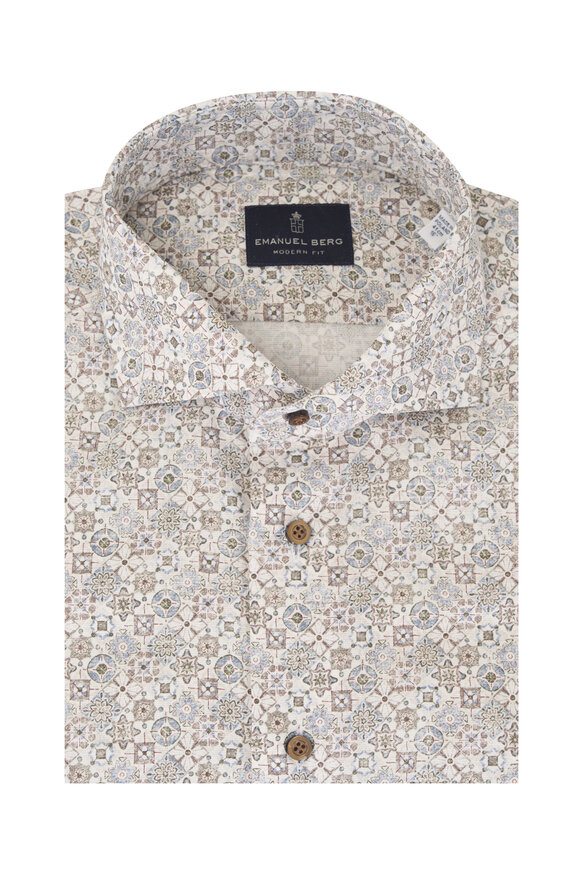 Emanuel Berg Beige Dobby Print Cotton Dress Shirt