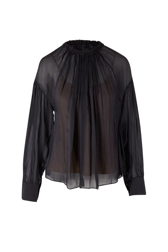 Vince - Black Shirred Neck Silk Blouse