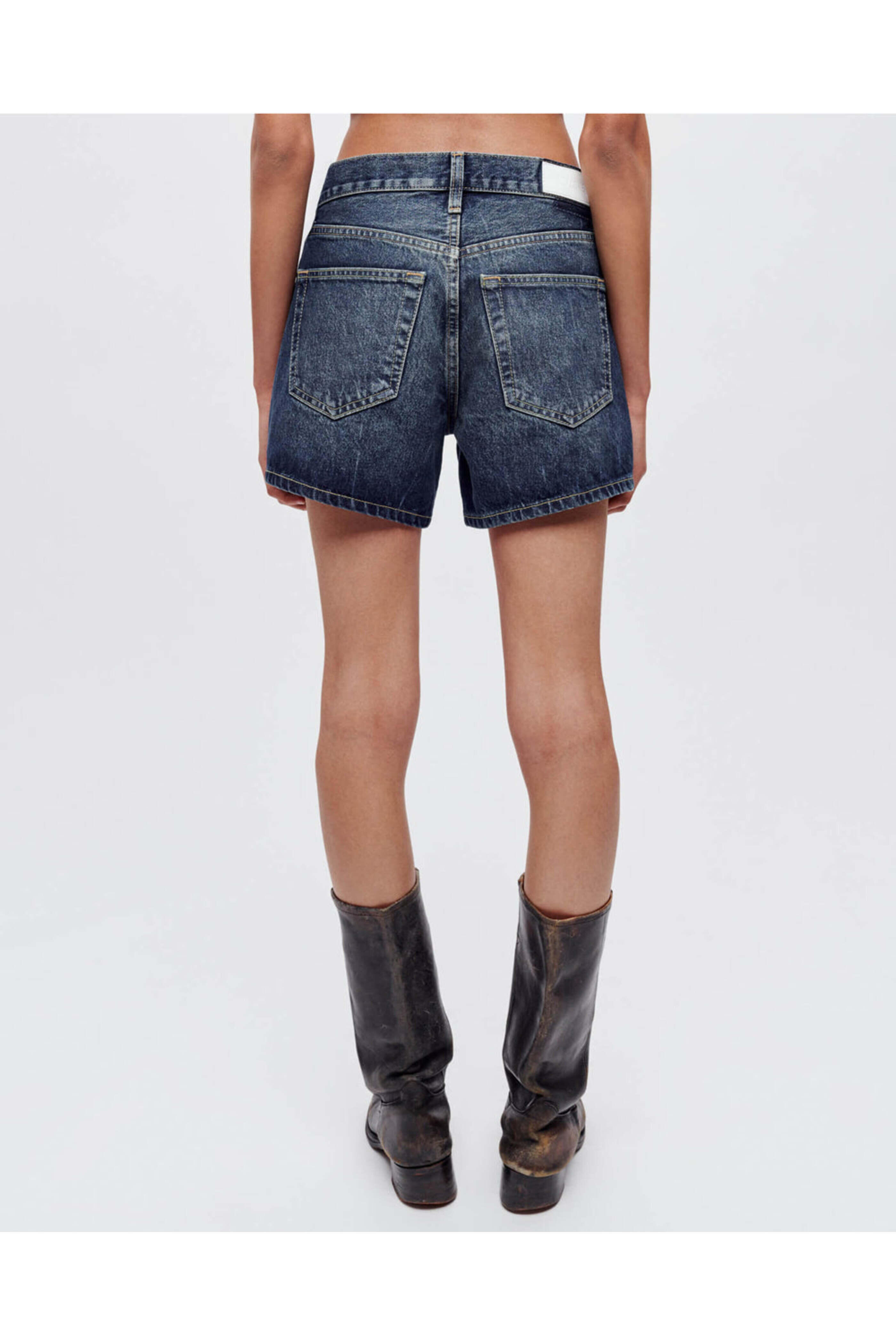 Re/Done - Mid Rise Denim Boy Short in Brown Indigo