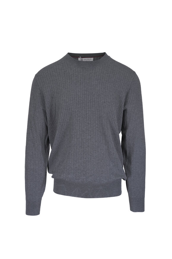 Brunello Cucinelli Dark Gray Cotton Crewneck Ribbed Sweater - view 1